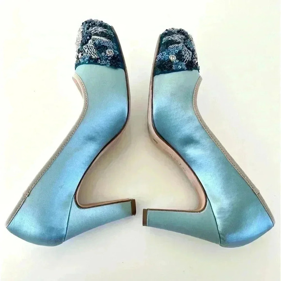 Miss Albright Bijou Teal Blue Satin & Beaded Sequin Rhinestone Cap Toe Heels - Picture 7 of 16